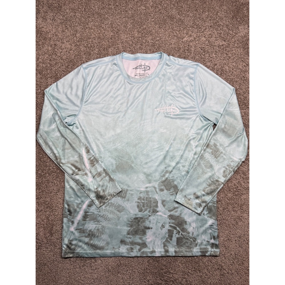 Reel Life Mens Performance Fishing Shirt Long Sleeve Blue Water Print Large